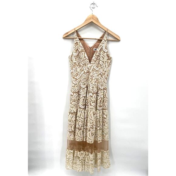 DRESS THE POPULATION Ivory & Gold Lace Overlay V-Neck Midi Dress  // XS - Picture 1 of 6